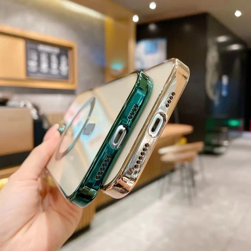 Мягкий силиконовый чехол для iPhone 14 13 Pro Max с гальваническим покрытием прозрачный телефона Magsafes противоударный