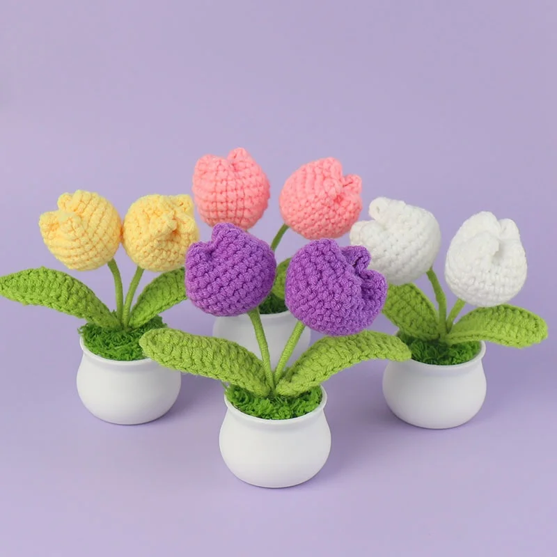 H132 Hand-woven Finished Simulation Flowers Double-headed Tulips Potted Plants Home Decoration Desktop Ornaments Woolen Flowers
