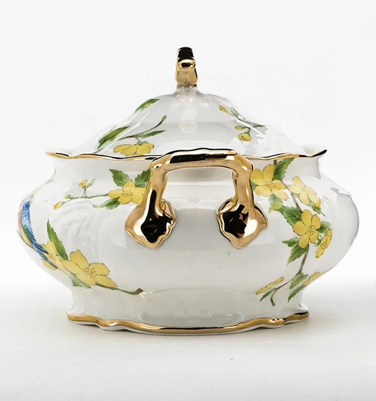 
Latest Design gold rim Ceramic Soup Tureen Bowl with lid 
