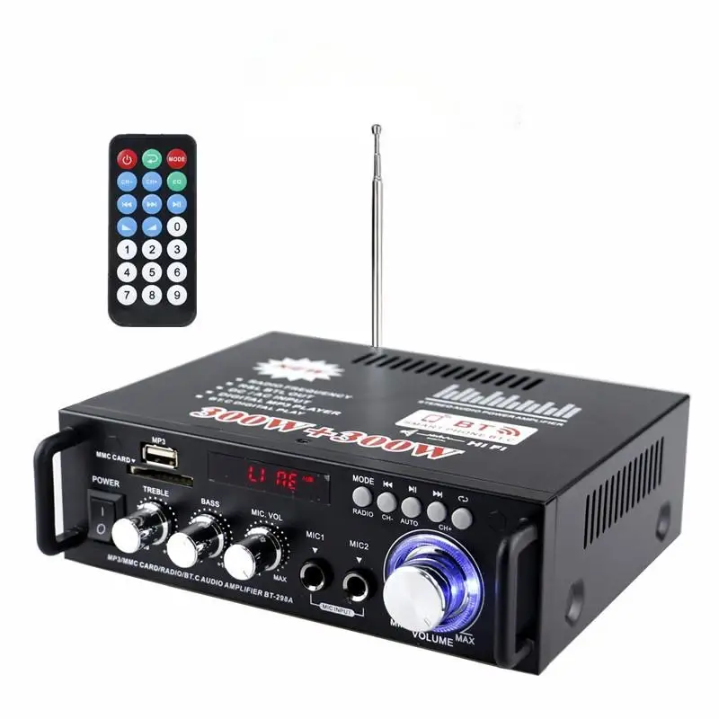 Профессиональный Hi-Fi аудио усилитель 300 Вт * 2 канала стерео домашний динамик KTV микрофон радио 12V220V Bluetooth автомобильный BT-298A