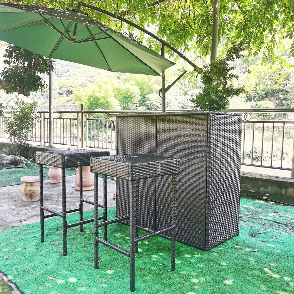 3pcs  Chair Bar Set Rattan Steel Frame Rattan Outdoor Furniture Patio Bar Set With Table and Chairs