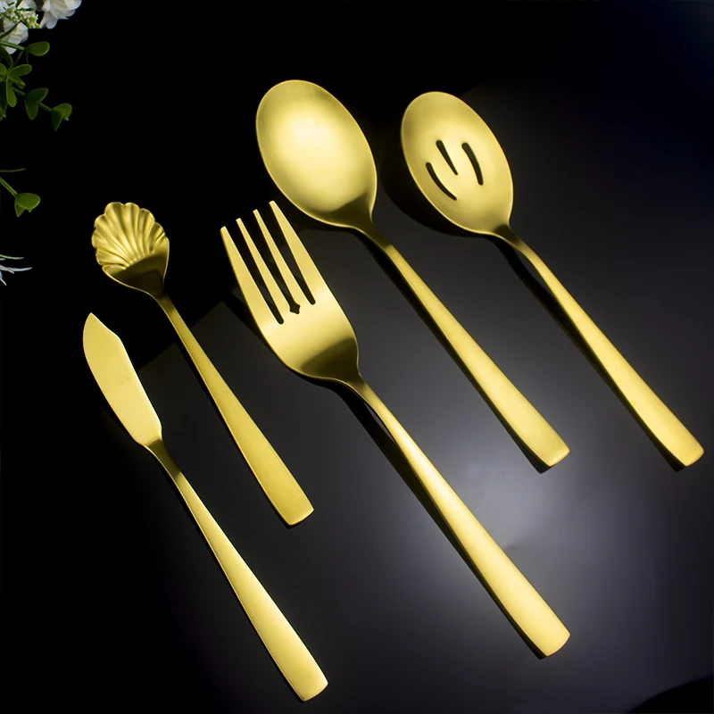 Matte Stainless Steel Serving Spoon Fork Knife Cutlery Set Gold Catering Restaurant Buffet Serving Utensils