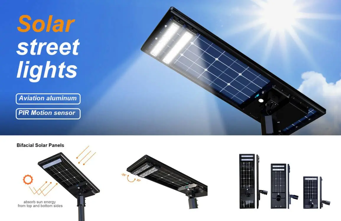 High conversion energy saving aluminum alloy material double glass solar outdoor street lighting street light led auto cleaning