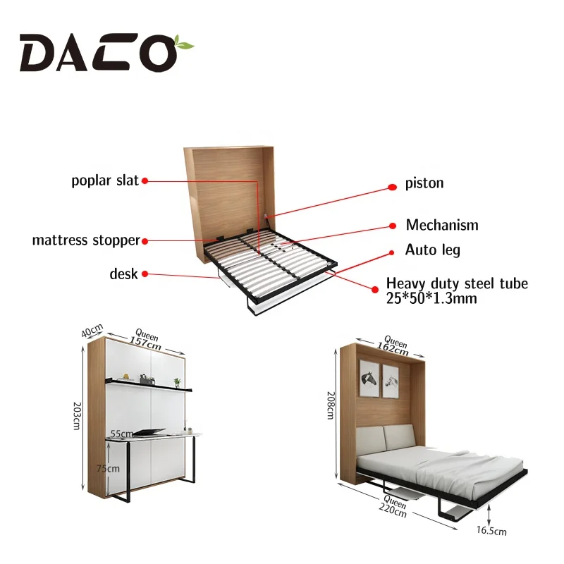 Bedroom Furniture Smart Foldable Mechanism split door fold down vertical bed with a desk and shelf