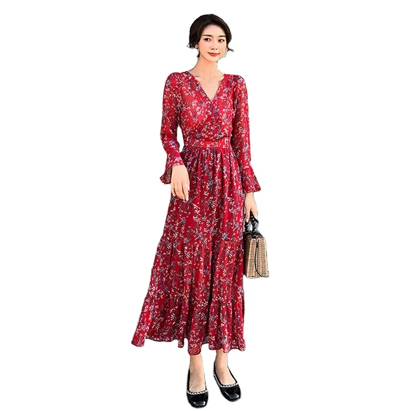 Factory wholesale Fashion Custom Lady Chiffon Ruffle Maxi Dress OEM/ODM Women Elegant Casual Dresses