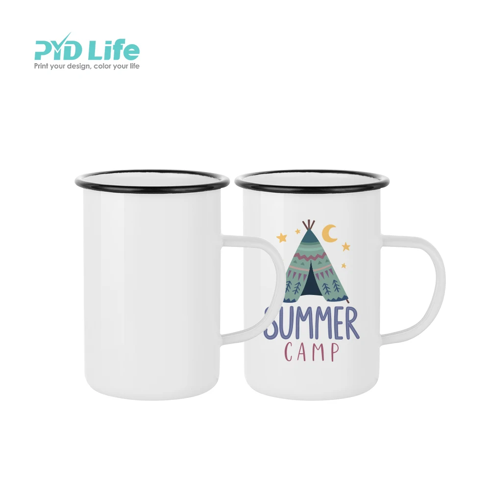 PYD Life Newest 15oz 450ml White Tall Skinny Metal Steel Camping Sublimation Enamel Mug with Black Rim