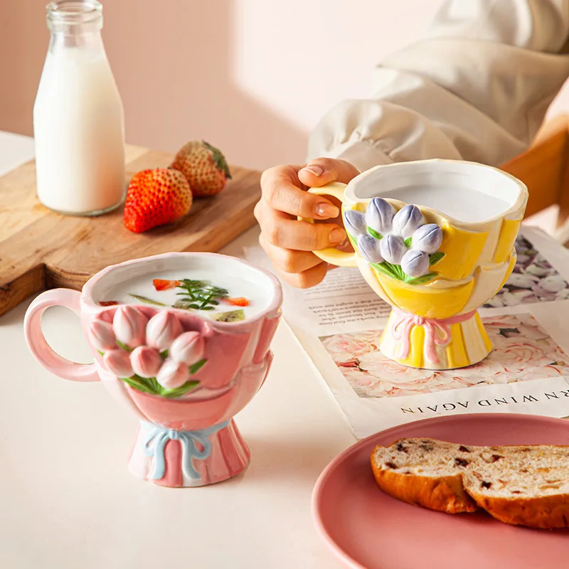 360ml Ins Korean 3D Relief Hand Pinched Irregular Tulip Flower Oatmeal Breakfast Mug Drinkware Ceramic Coffee Tea Cup Mugs