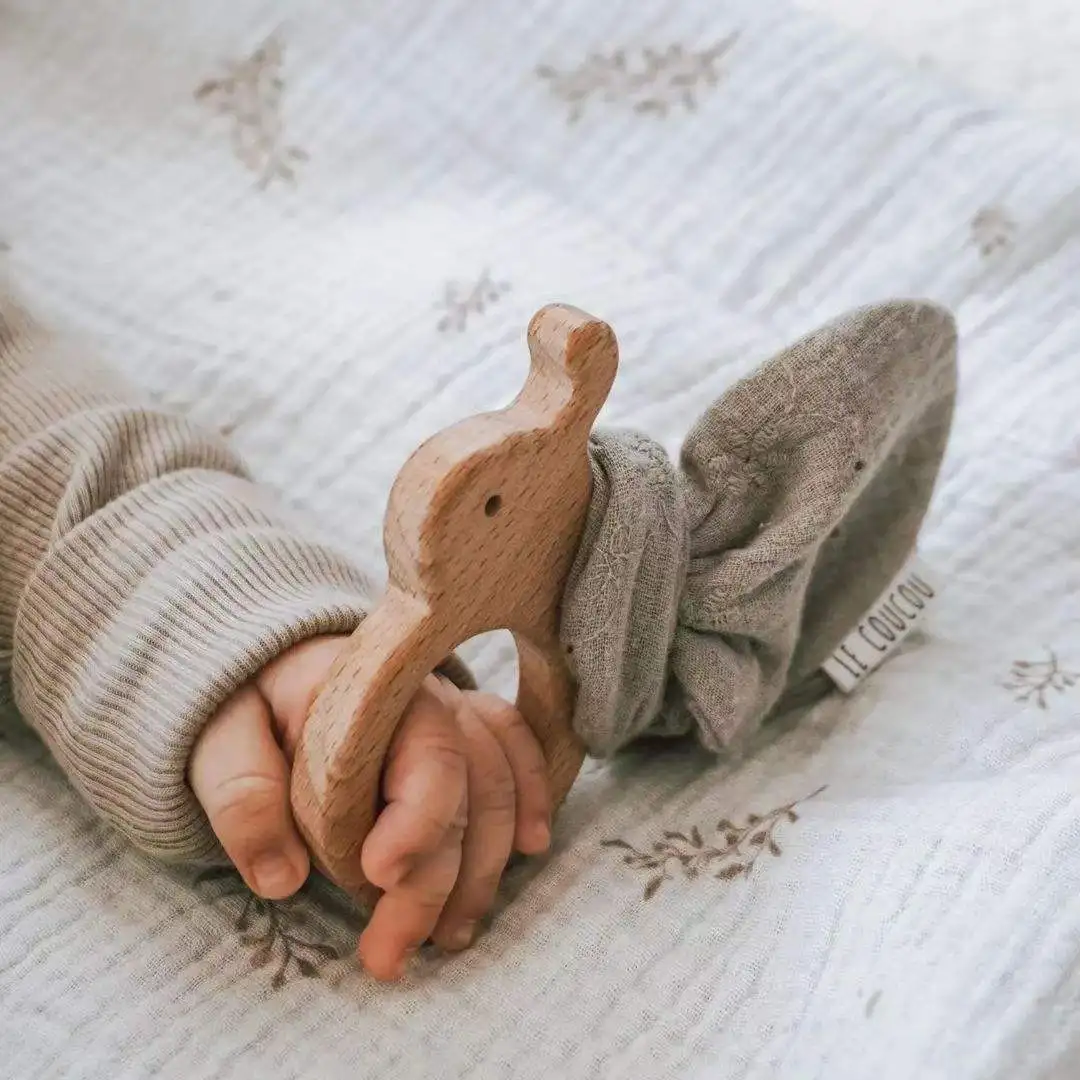 Natural Beech Wood Baby Teether Cotton Rabbit Ears Newborn Teething Ring Rodent Gum Pain Relief Molar Sensory Rattle