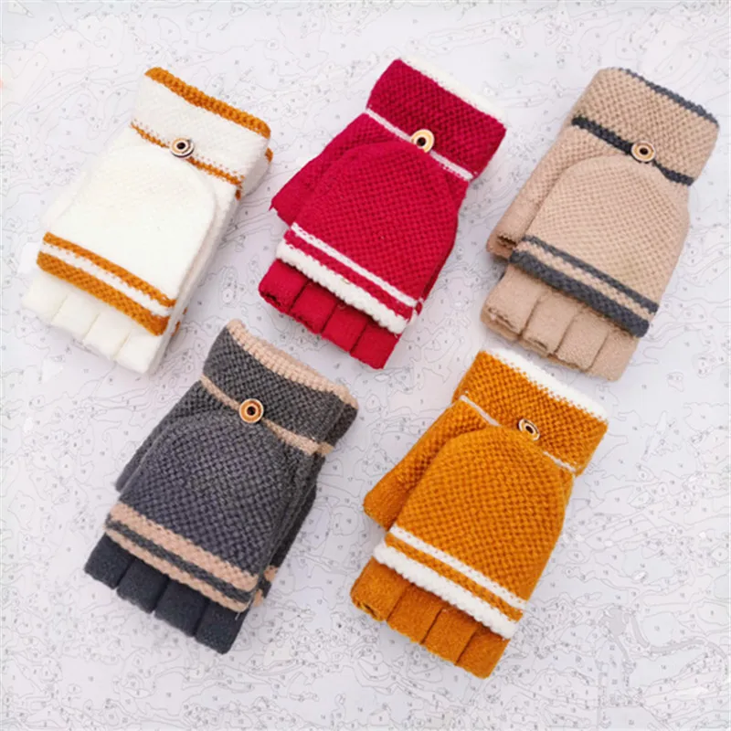 Flip Top Magic Gloves Women  Half Finger Gloves Winter Warm Fake Mink Convertible Knitted Fingerless Gloves Girls