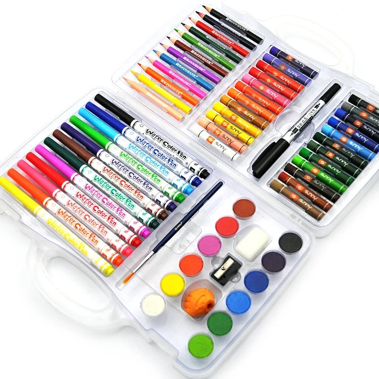 Non-Toxic Kids Plastic Case Watercolor Pen Colour Pencil 65 Pieces Art Drawing Set With wax crayons
