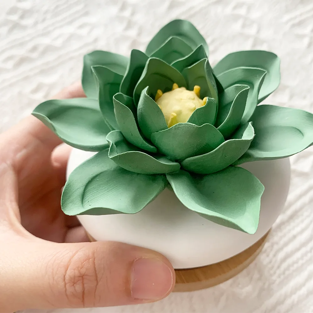 High quality blue lotus flower shape ceramic aroma stone diffuser with wooden base