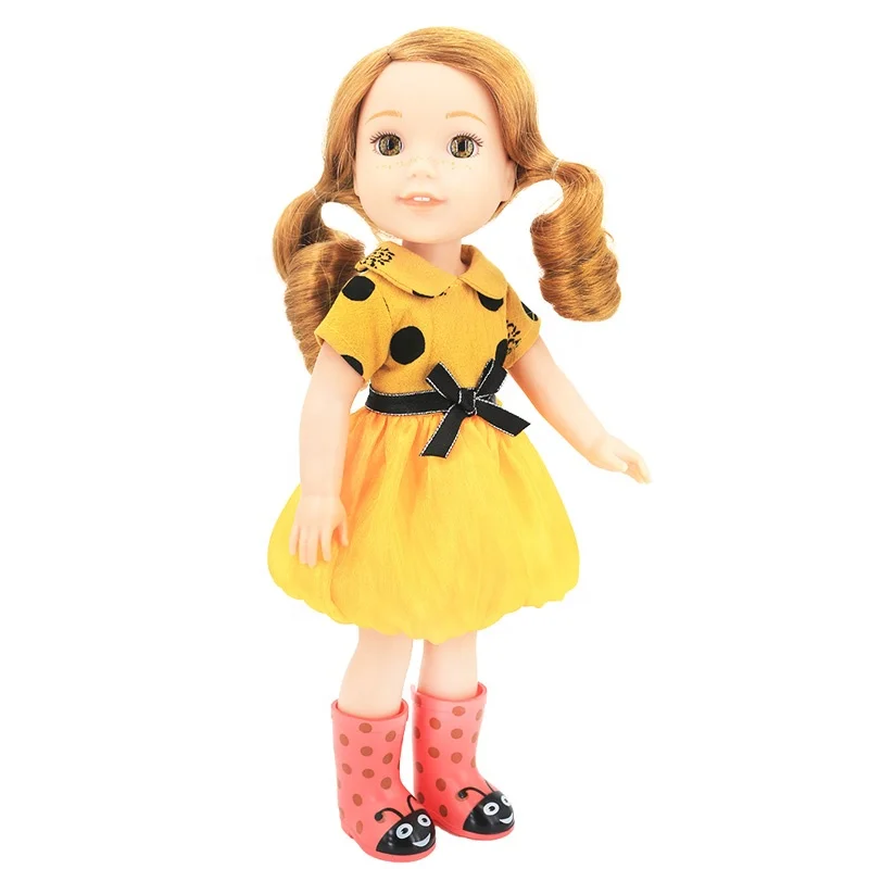 Custom Lovely 14.5 inch Vinyl Doll Suit , 3D Rooted Blond Hair Action Figure Vinyl Doll Dress , OEM Plastic Toy Doll Costumes