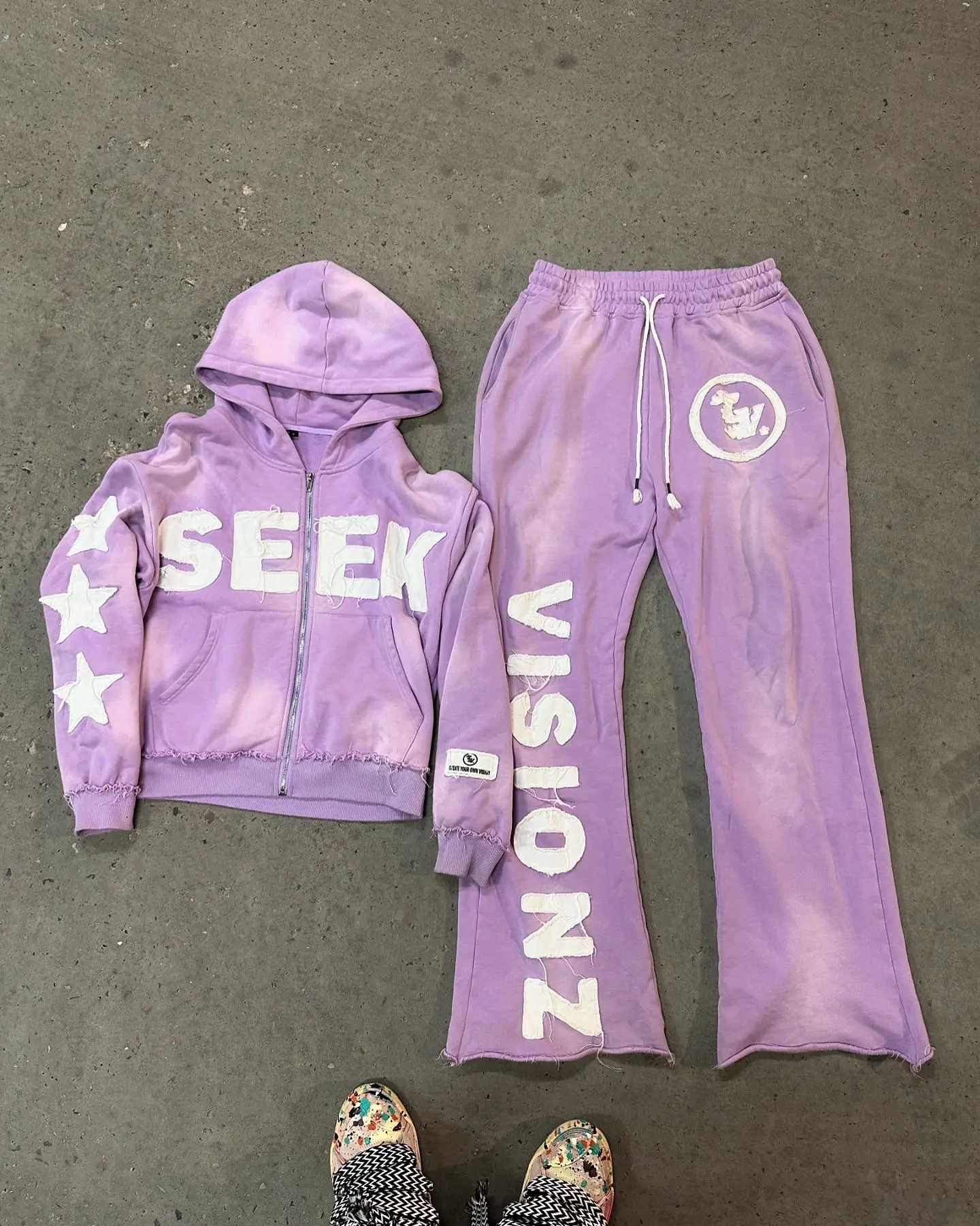 OEM Heavy Weight Zip up Hoodies With Raw Hem Sweatpants Acid Wash Stone Vintage 2 Piece Distresses Tracksuit for Man or Women