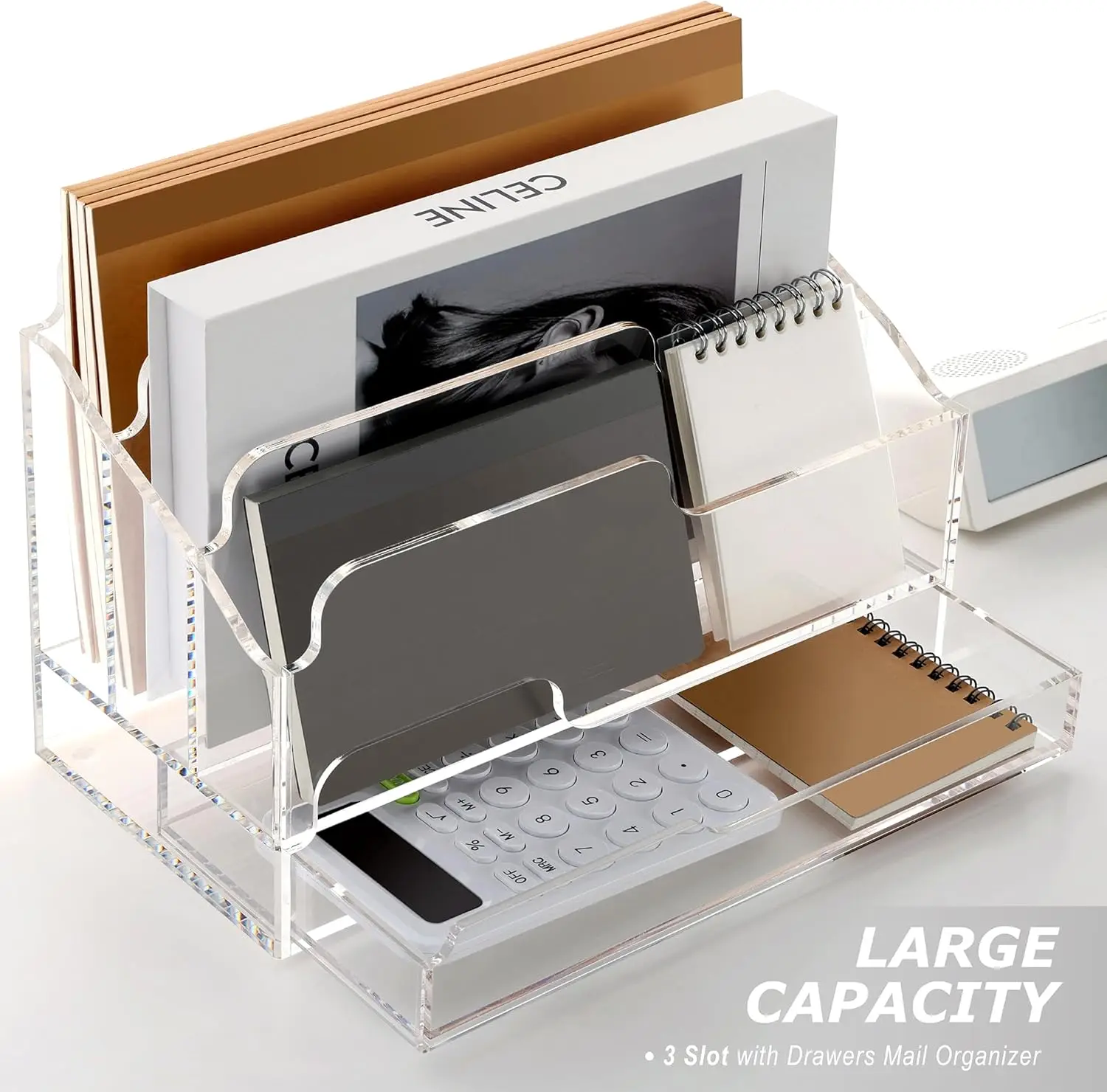 3 Compartments Mail Sorter Box Acrylic File Holder Desk Organizers with Sliding Drawer