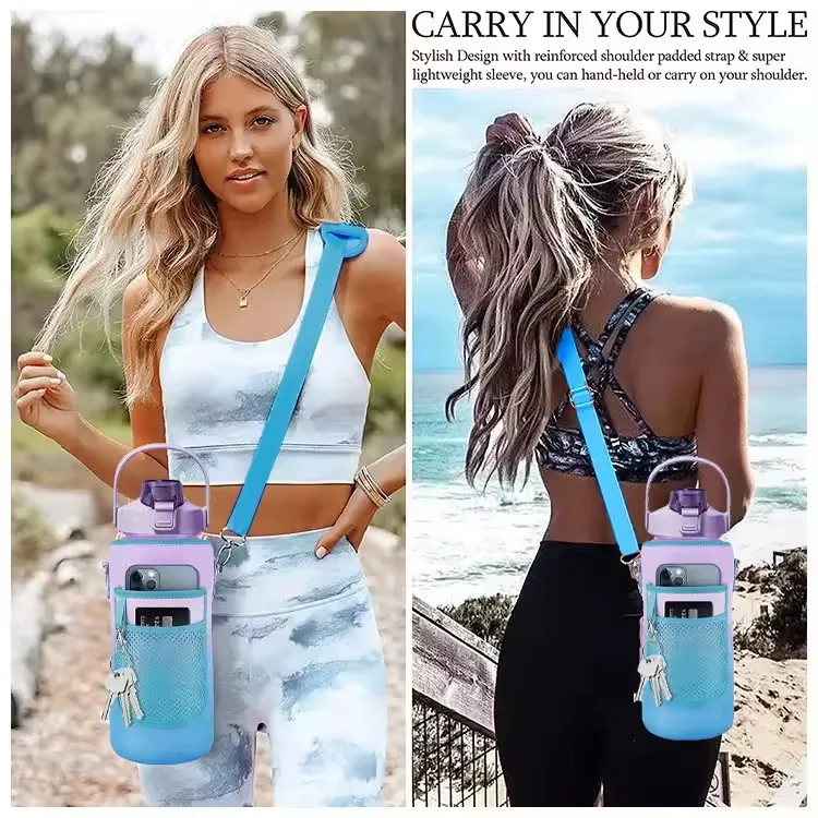 2L Portable Handfree Tritan Neoprene Bottle Motivational Time Marker Jug Fitness Gym Sport Water Bottle Bag with Strap