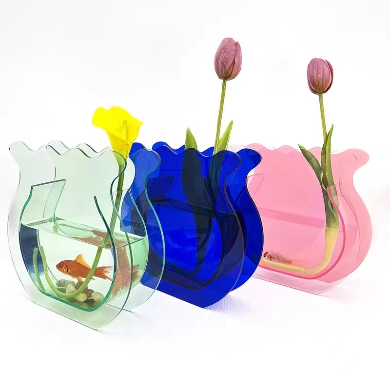 Wholesale colorful acrylic small fish tank transparent  vase home office ornaments small square transparent glassware