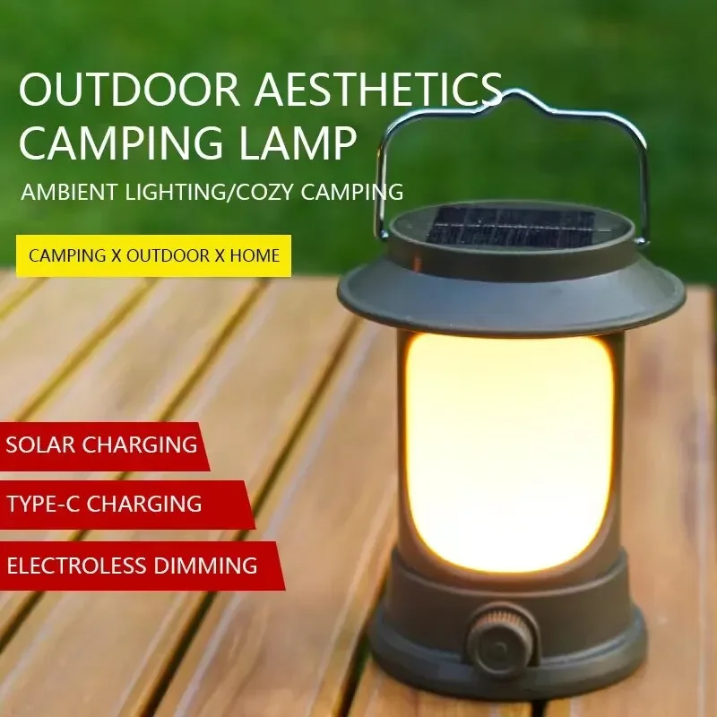 Retro Portable Solar LED Camping Lantern Vintage Warm Camp Lamp with 3 Lighting Modes for Tent Hiking Climbing Garden Lighting
