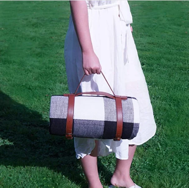 3 layers plaid printed acrylic sponge filling lightweight portable waterproof picnic blanket