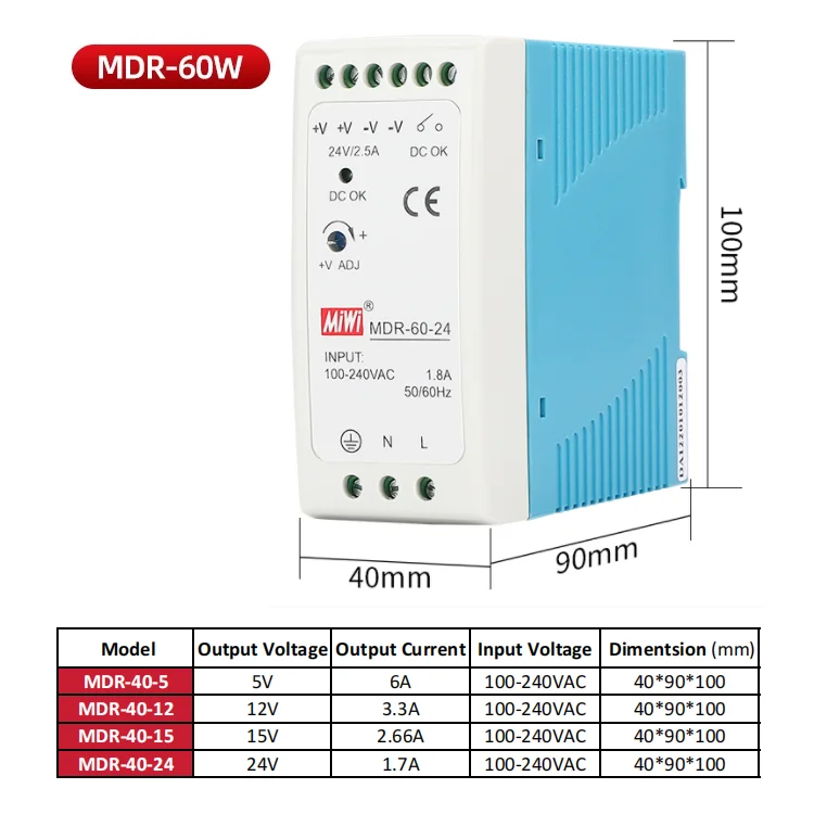 MDR-60-24 Din Rail 60W 2.5A 24V AC DC  Transformer Single Output Switching Power Supply
