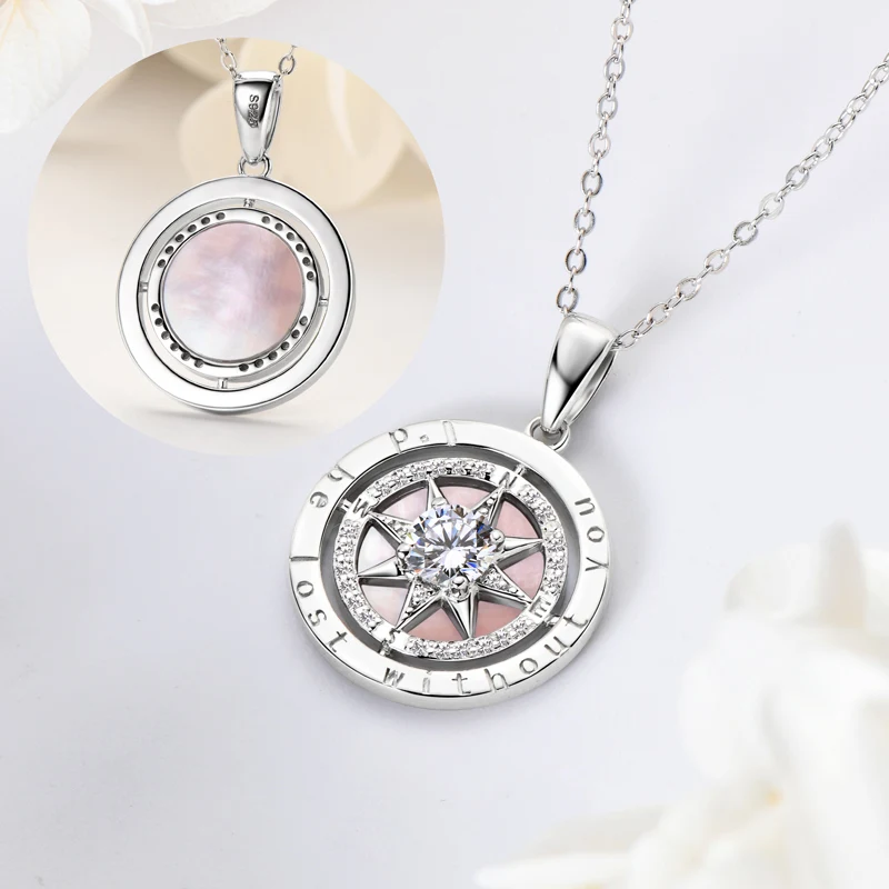 Bling Cubic Zirconia Neck Jewelry Gift 925 Sterling Silver Chain Necklace Exquisite Compass Pendant Necklaces for Women