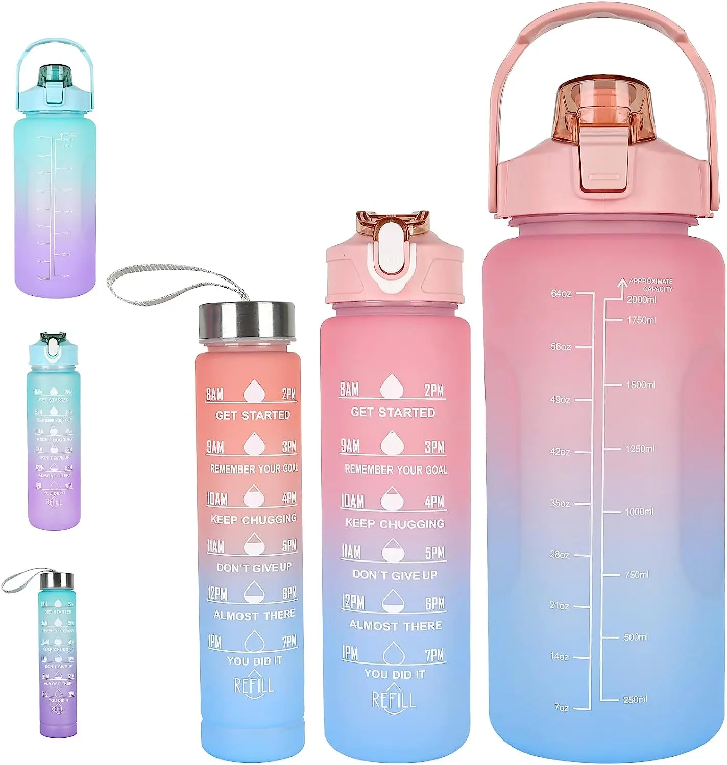 Motivational Water Bottle with Straw 3 Pcs 64oz Time Marker Large Drinking Bottles Leakproof Half Gallon 2L Water Jugs  BPA Free