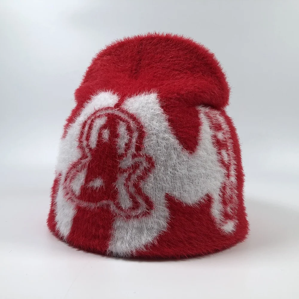 OEM popular premium unisex colorful unfold fur warm knit winter hats with jacquard design logo custom no cuff mohair beanie