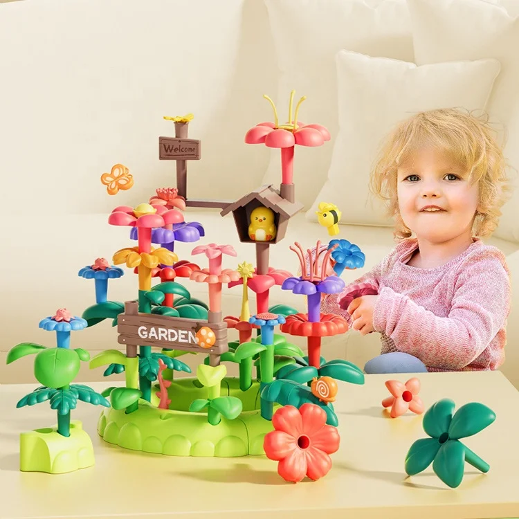 93PCS Toddlers Stacking Game Educational Montessori Preschool Girls Kids Flower DIY Garden Building Block Toys Set Gift