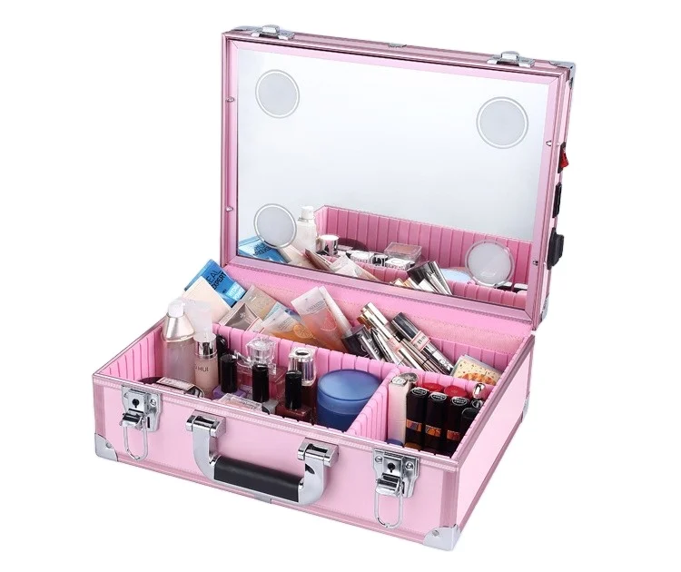 Professional pink black 3 color LED travel makeup train case with mirror light