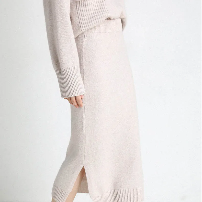 2023 Custom LOGO OEM ODM cashmere knit dress turtleneck fashion cashmere set womens knitwear cashmere sweater dress suits