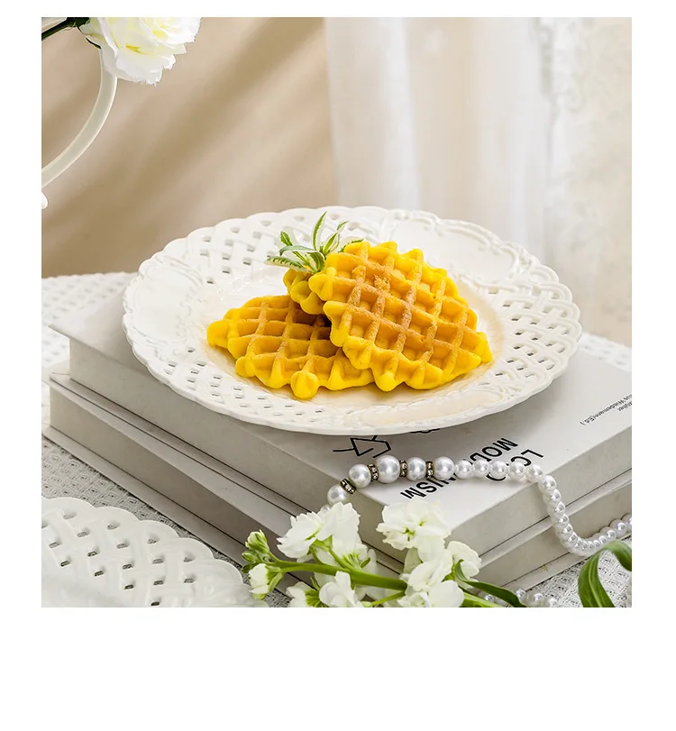 Ceramic retro white steak plate tableware embossed hollow lace plates and dishes