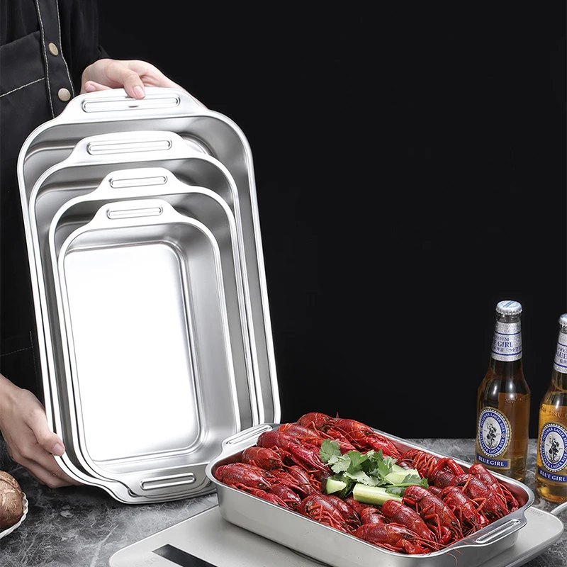 Stainless Steel Baking Frying Pan Deep Food Storage Tray Kitchen Deep Container Tray Cooking Plate Baking Dishes & Roasting Pans