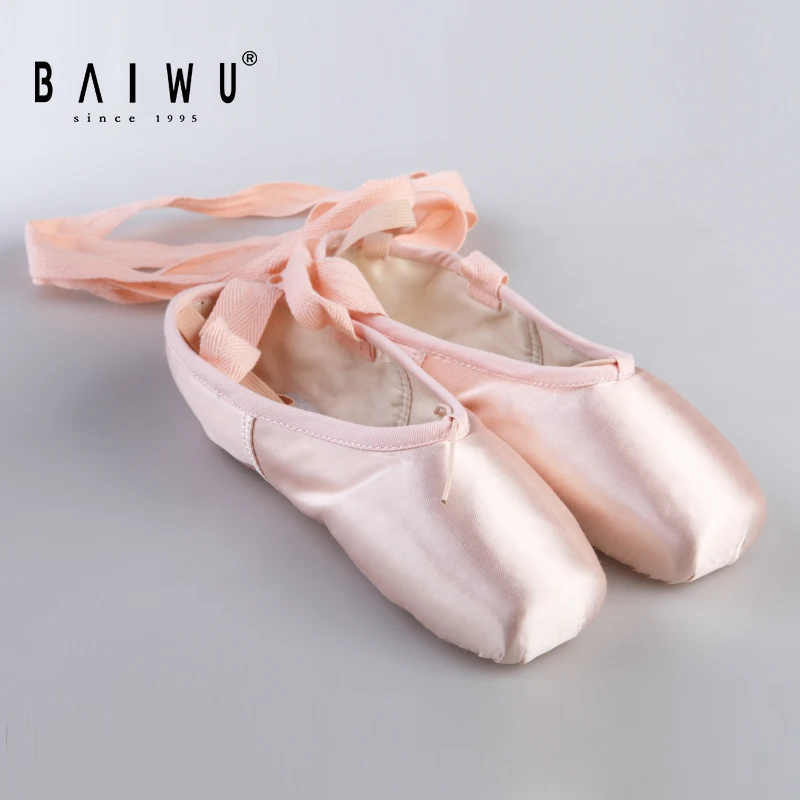 06B5B101 Baiwu Quality Genuine Leather Sole Satin Soft Pink Training Performance Dance Shoes For Women Girls Pointe Ballet Shoes