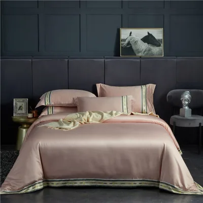 
100% woven polyester silk fabric comforter bed sheet silk bedding set 