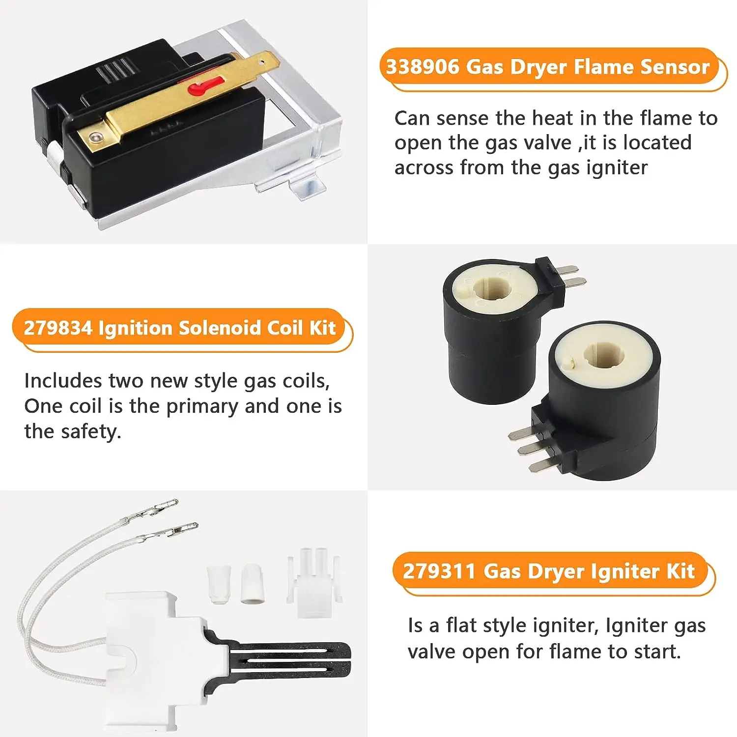 Gas Dryer Repair Kit 338906 Gas Dryer Flame Sensor 279834 Gas Valve Solenoid Coils 279311 Ignitor Replaces WP338906 AP3094251