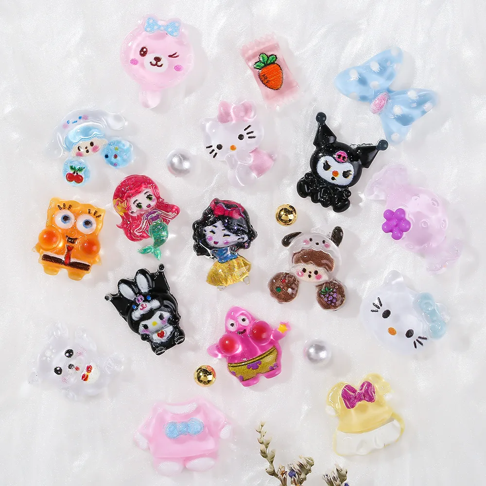 Wholesale 7-grid Mixed Cartoon Nail Charms Decoration Kawaii  Kuromi Cat Head Bear Candy Cute Resin Nail Art Charms