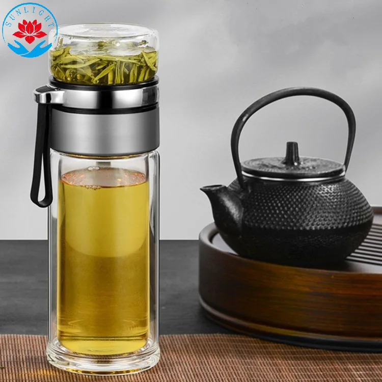 Factory   Price  Tea Infuser Glass  Water Bottle 400ML Double Walled Tea Flask Bottle With Lid