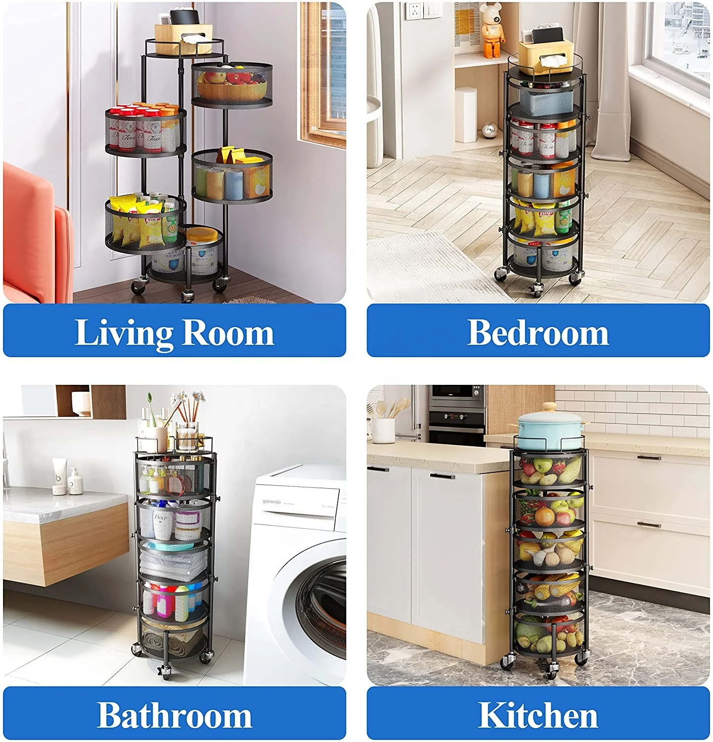 4 Tires Kitchen Storage Rotary Rack Trolley Cart Rotating Round drawer Vegetables Fruits Storage Shelf