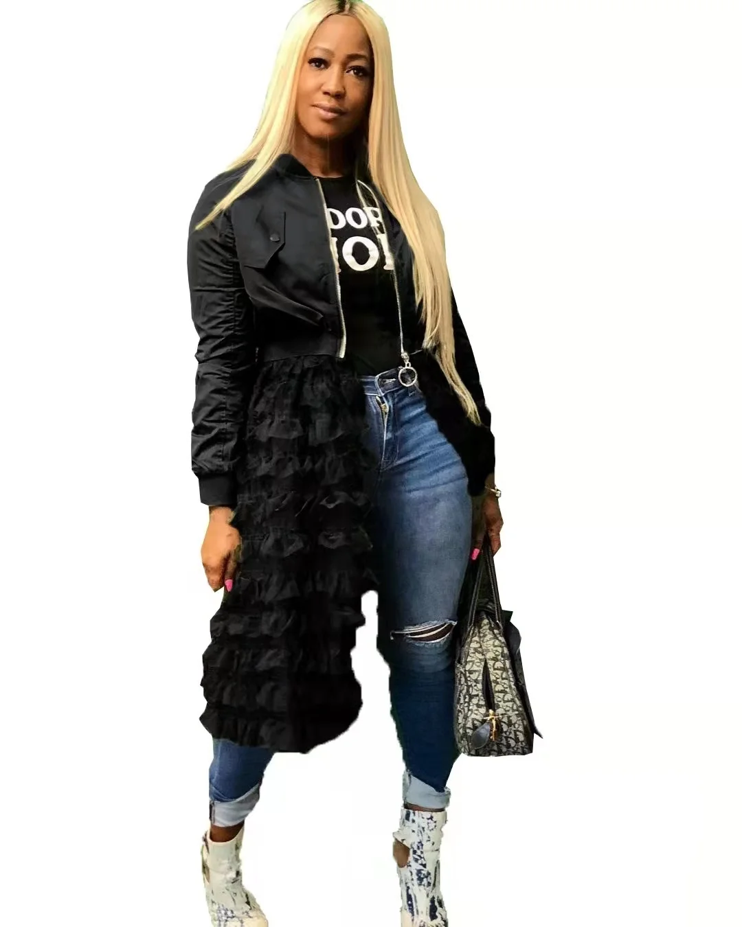 S 3X 4X 5XLFashion Zipper Solid ColorJacket Mesh Lace Dress Plus Size Women Jacket Fall Winter Coat