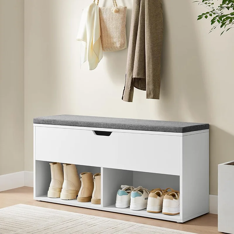 Modern Hallway White Shoe Storage Bench Home Wooden Storage Chest With Cushion Seat