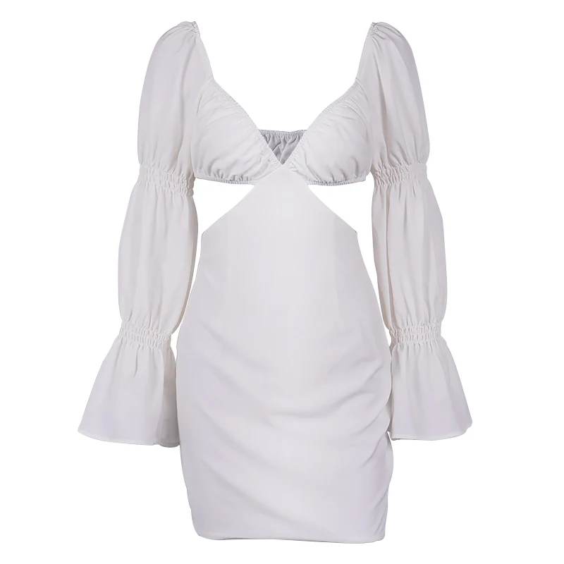 Fashion sexy cut out dresses manufacturer summer new arrival v-neck backless women hollow out puff sleeve dresses