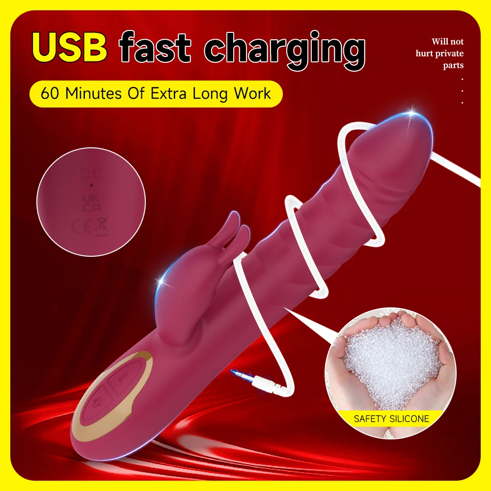 Thrusting Vibrator G Spot Clitoral Stimulator 12 Vibration Mode 3 in 1 Adult Rabbit Vibrator Thrusting Dildo for Women