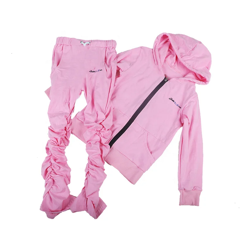 Wholesale kids clothing sets children zipper hoodies and stacked pants spring thin full sleeve sportswear pink girls outfits