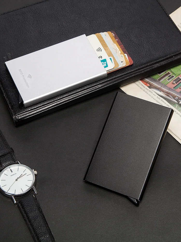 TS Custom Logo Slim Metal wallet RFID Aluminum Box Auto Credit Card case Automatic Pop Up Card holder