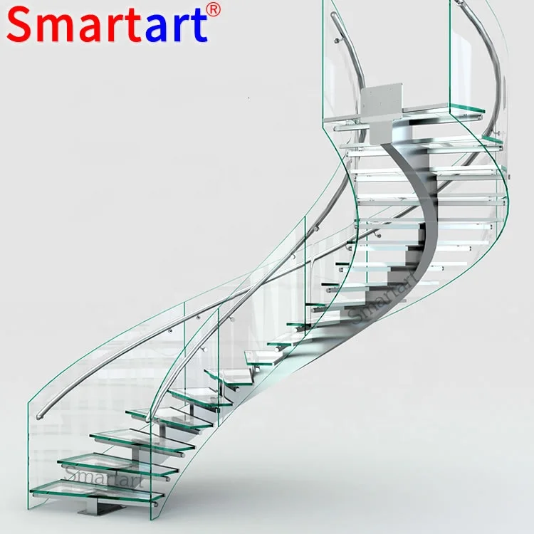 SmartArt 2022 Curved arc Spiral Stairs,Indoor Staircase,Luxury Modern Home Decoration Glass Stairs Wooden Stairs Made In China