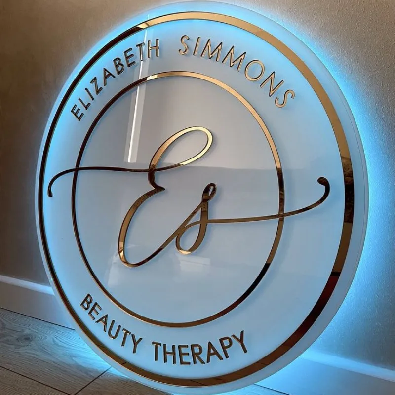 Acrylic Salon Sign Business Name Illuminated Sign Gold Mirror 3D Logo Type