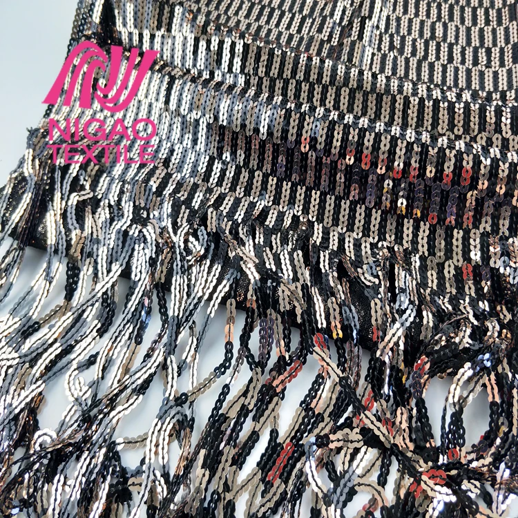 
2020 New Design glitter bling sequin tassel sequins embroidery fabric for long party dress 