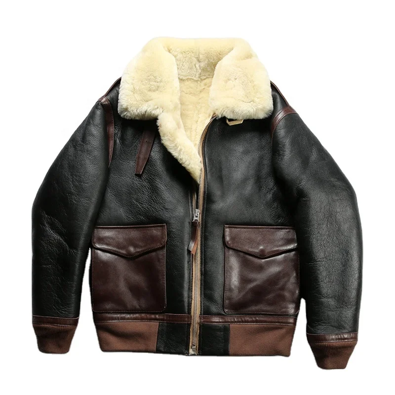 New American Pilot Thickened Sheepskin Fur Flight Suit Leather One-Man Lapel Long Casual Winter Bomber Jacket Zipper Closure