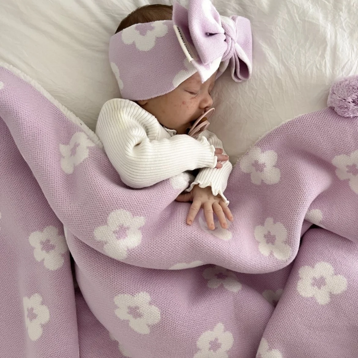 Custom Baby Crochet 100% Cotton Soft Sherpa Blanket Thick Fluffy Baby Cable Knit Sherpa Blanket Throw Blanket for Kids