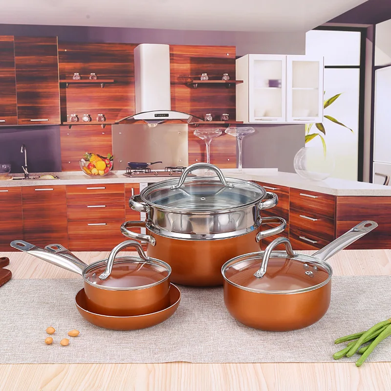 New Stretched Pot Popper Color Ceramic Non Stick Cookware Set Pot Customized 13 Pieces Copper non-stick Cookware Pans Pots Set