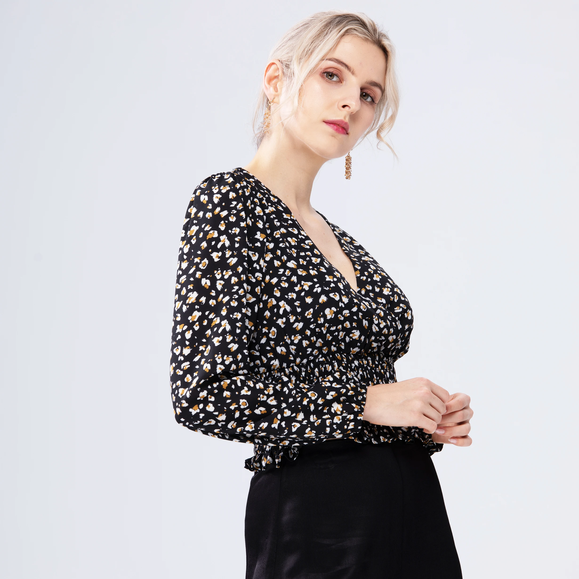 Ladies Spring Black Long Sleeve V Neck Casual Elegant Smocking Womens Cute Shirt Blouses